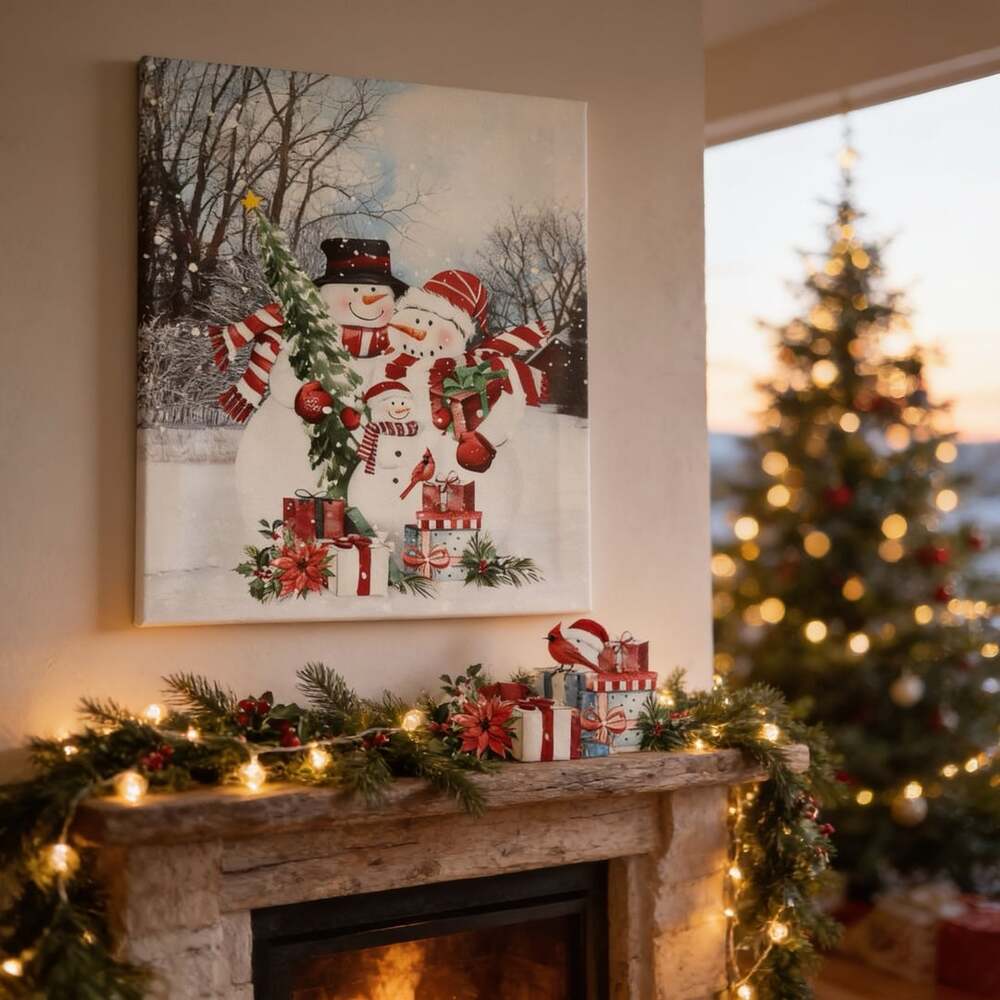 Christmas Snow Family Canvas Wall Art Winter Holiday Decor